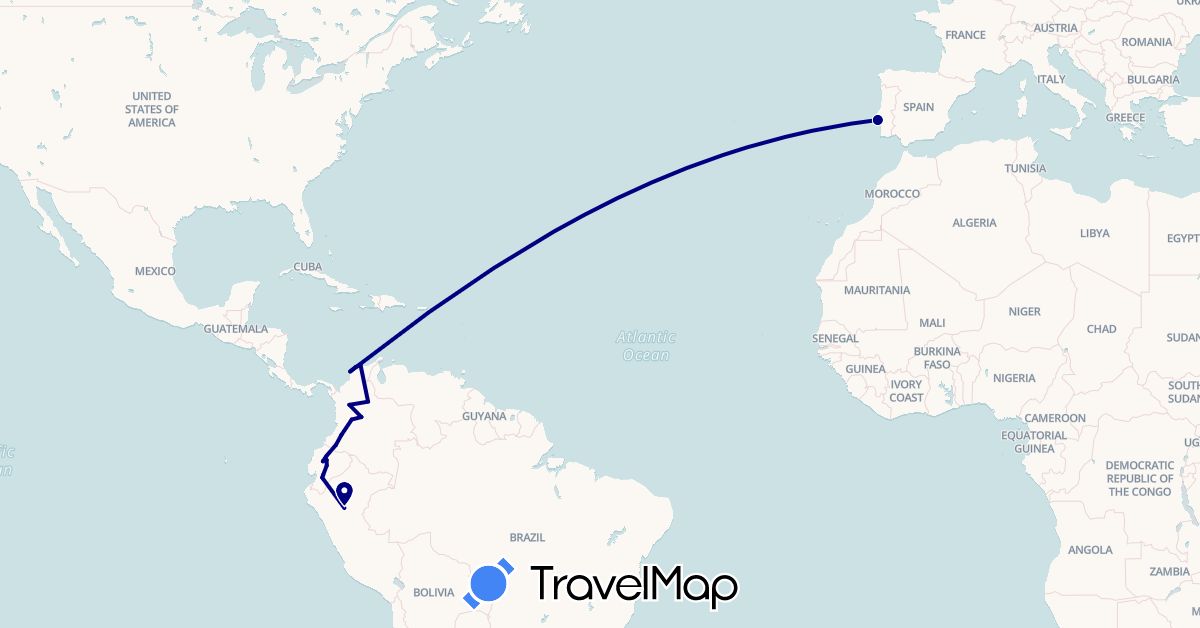 TravelMap itinerary: driving, hiking in Colombia, Ecuador, Peru, Portugal (Europe, South America)